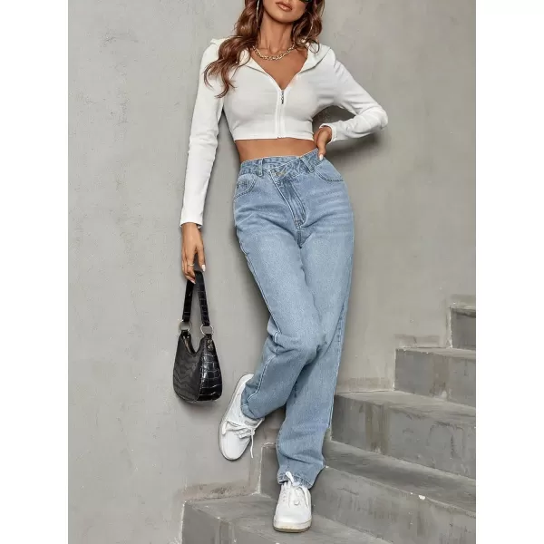 SweatyRocks Women's High Waisted Straight Leg Long Jeans Asymmetrical Waist Denim Pants