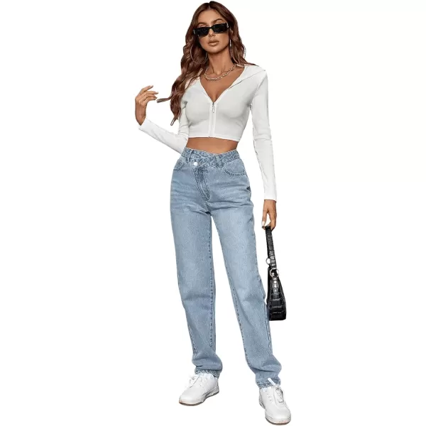 SweatyRocks Women's High Waisted Straight Leg Long Jeans Asymmetrical Waist Denim Pants