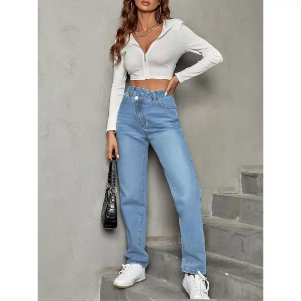 SweatyRocks Women's High Waisted Straight Leg Long Jeans Asymmetrical Waist Denim Pants