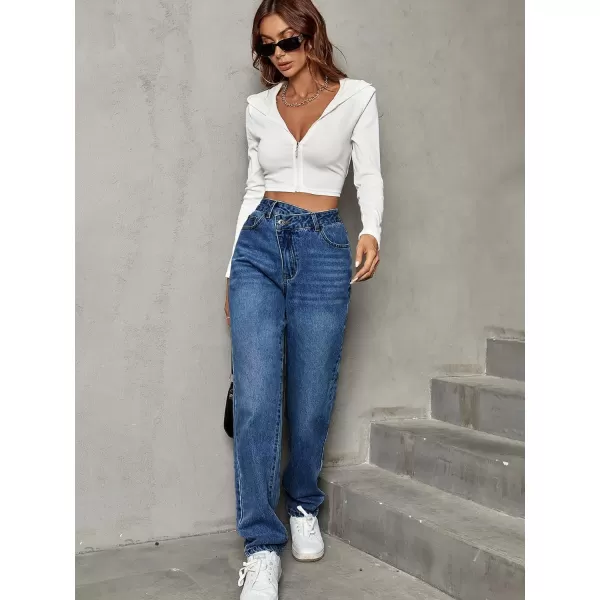 SweatyRocks Women's High Waisted Straight Leg Long Jeans Asymmetrical Waist Denim Pants