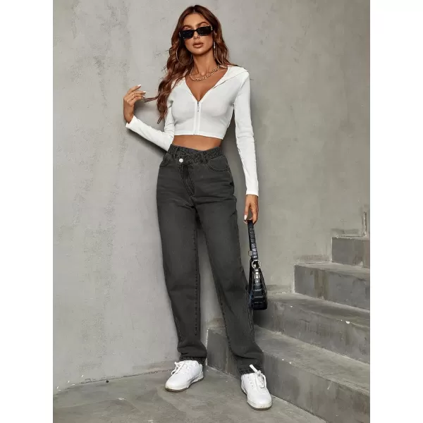 SweatyRocks Women's High Waisted Straight Leg Long Jeans Asymmetrical Waist Denim Pants