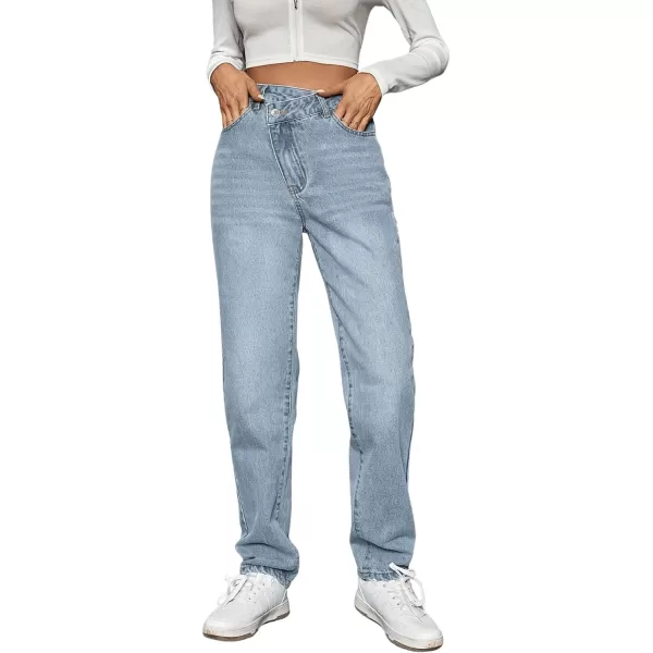 SweatyRocks Women's High Waisted Straight Leg Long Jeans Asymmetrical Waist Denim Pants