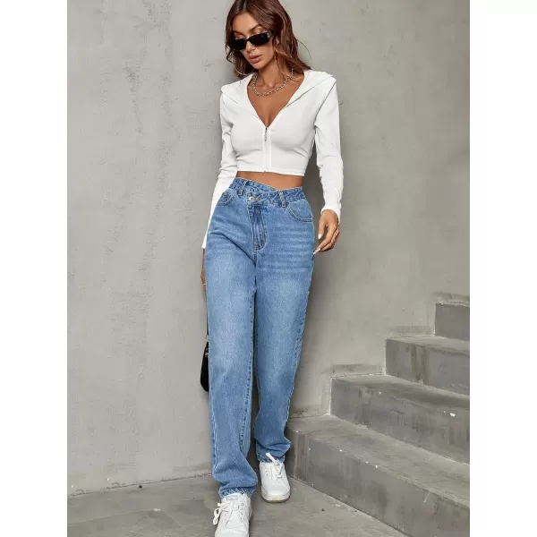 SweatyRocks Women's High Waisted Straight Leg Long Jeans Asymmetrical Waist Denim Pants