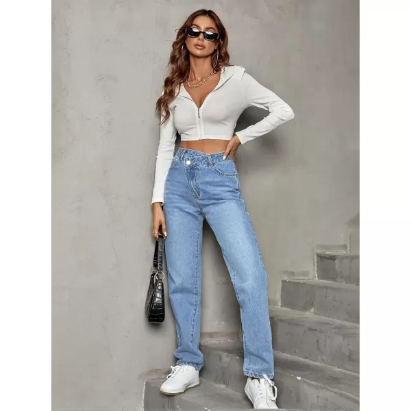 SweatyRocks Women's High Waisted Straight Leg Long Jeans Asymmetrical Waist Denim Pants