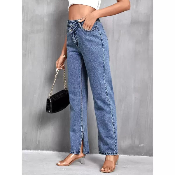 SweatyRocks Women's High Waisted Straight Leg Long Jeans Asymmetrical Waist Denim Pants