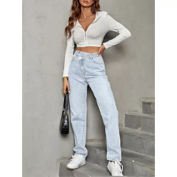 SweatyRocks Women's High Waisted Straight Leg Long Jeans Asymmetrical Waist Denim Pants