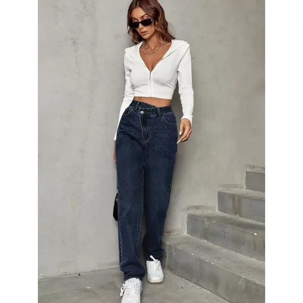 SweatyRocks Women's High Waisted Straight Leg Long Jeans Asymmetrical Waist Denim Pants