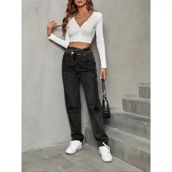 SweatyRocks Women's High Waisted Straight Leg Long Jeans Asymmetrical Waist Denim Pants