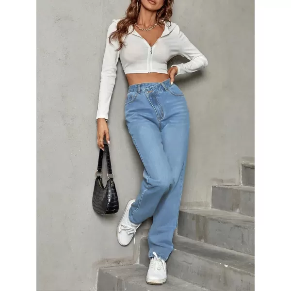 SweatyRocks Women's High Waisted Straight Leg Long Jeans Asymmetrical Waist Denim Pants