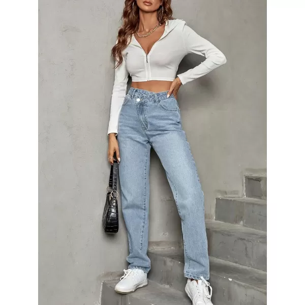 SweatyRocks Women's High Waisted Straight Leg Long Jeans Asymmetrical Waist Denim Pants