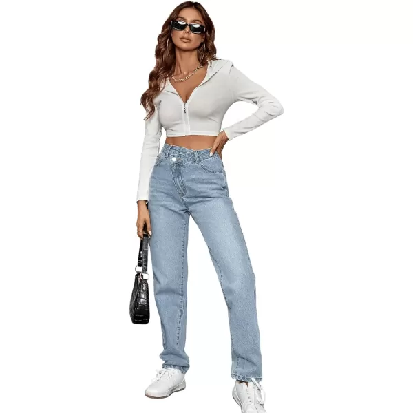 SweatyRocks Women's High Waisted Straight Leg Long Jeans Asymmetrical Waist Denim Pants