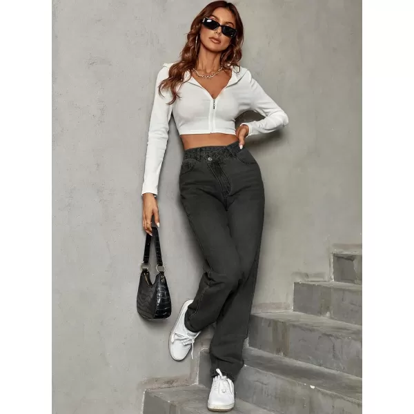 SweatyRocks Women's High Waisted Straight Leg Long Jeans Asymmetrical Waist Denim Pants