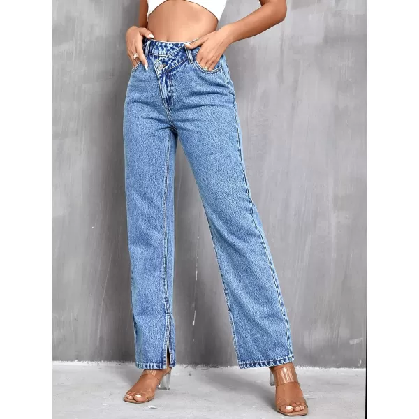 SweatyRocks Women's High Waisted Straight Leg Long Jeans Asymmetrical Waist Denim Pants