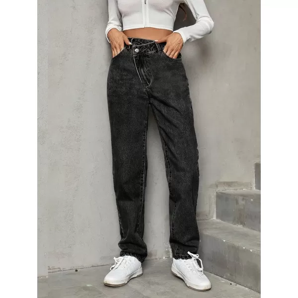 SweatyRocks Women's High Waisted Straight Leg Long Jeans Asymmetrical Waist Denim Pants
