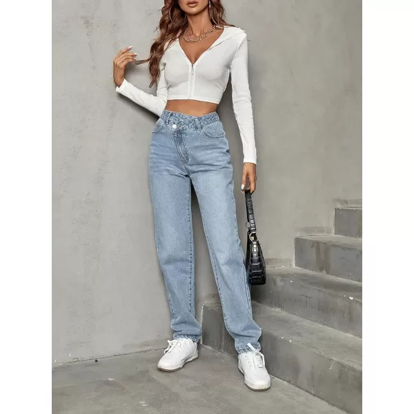 SweatyRocks Women's High Waisted Straight Leg Long Jeans Asymmetrical Waist Denim Pants