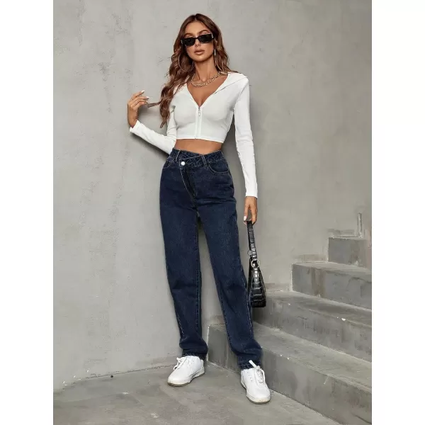 SweatyRocks Women's High Waisted Straight Leg Long Jeans Asymmetrical Waist Denim Pants