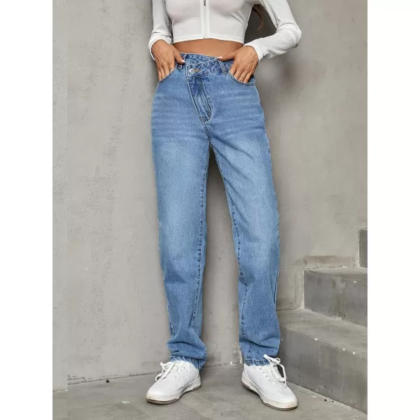 SweatyRocks Women's High Waisted Straight Leg Long Jeans Asymmetrical Waist Denim Pants