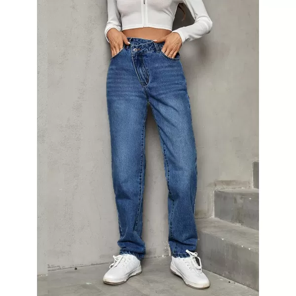 SweatyRocks Women's High Waisted Straight Leg Long Jeans Asymmetrical Waist Denim Pants