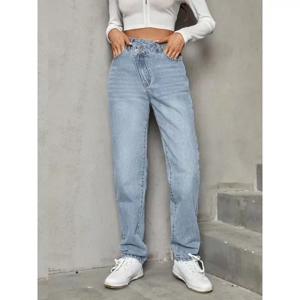 SweatyRocks Women's High Waisted Straight Leg Long Jeans Asymmetrical Waist Denim Pants