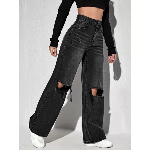 SweatyRocks Women's High Waisted Wide Leg Jeans Casual Loose Ripped Denim Pants