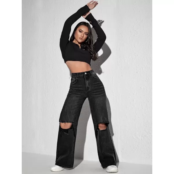 SweatyRocks Women's High Waisted Wide Leg Jeans Casual Loose Ripped Denim Pants