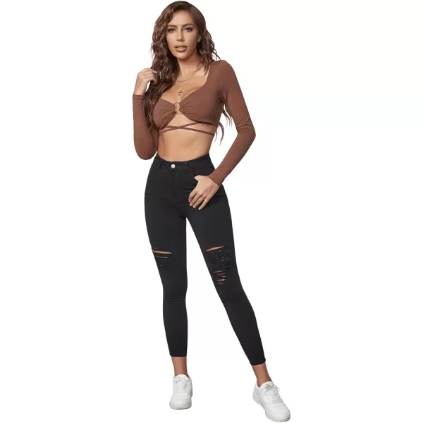 SweatyRocks Women's Hight Waisted Stretch Ripped Skinny Jeans Distressed Denim Pants