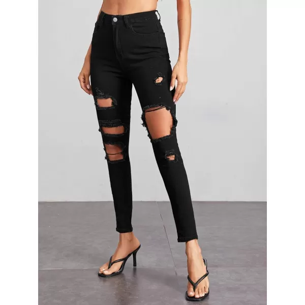 SweatyRocks Women's Hight Waisted Stretch Ripped Skinny Jeans Distressed Denim Pants