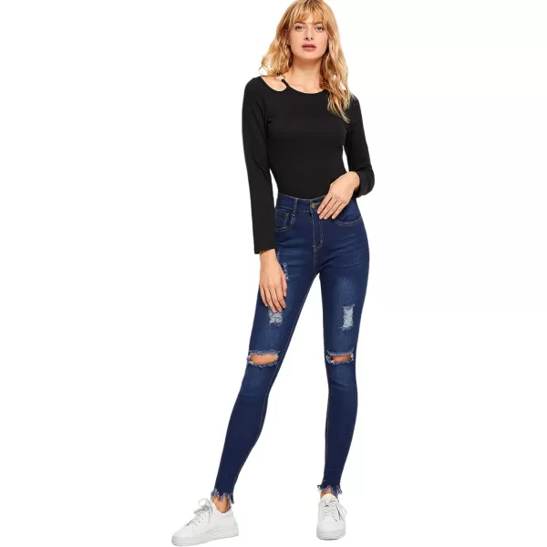 SweatyRocks Women's Hight Waisted Stretch Ripped Skinny Jeans Distressed Denim Pants