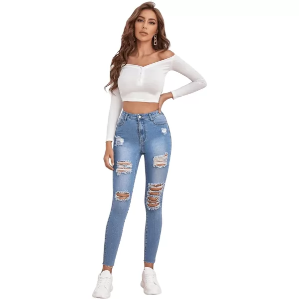 SweatyRocks Women's Hight Waisted Stretch Ripped Skinny Jeans Distressed Denim Pants