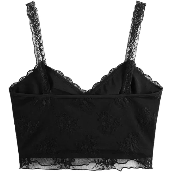 SweatyRocks Women's Lace Patchwork Spaghetti Strap Crop Cami Cute Ribbed Knit Slim Fit V Neck Camisole Tank Tops