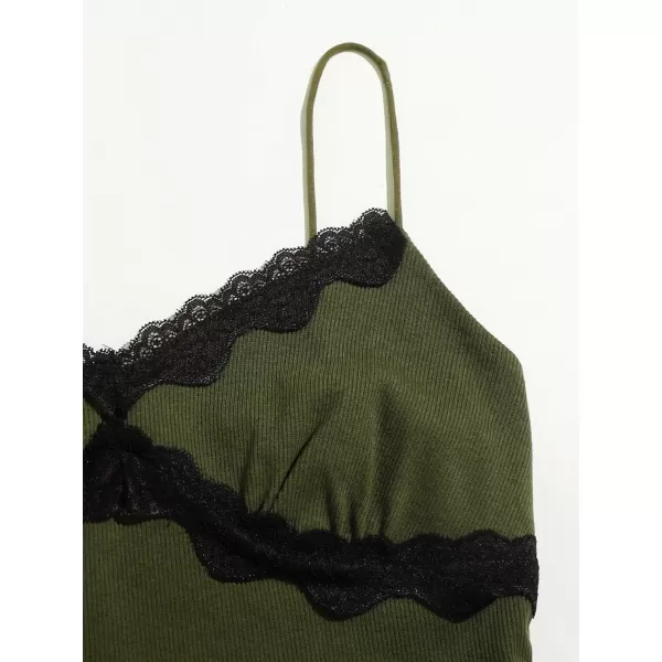 SweatyRocks Women's Lace Patchwork Spaghetti Strap Crop Cami Cute Ribbed Knit Slim Fit V Neck Camisole Tank Tops