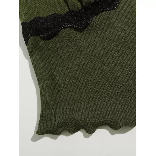 SweatyRocks Women's Lace Patchwork Spaghetti Strap Crop Cami Cute Ribbed Knit Slim Fit V Neck Camisole Tank Tops