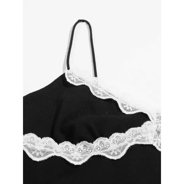 SweatyRocks Women's Lace Patchwork Spaghetti Strap Crop Cami Cute Ribbed Knit Slim Fit V Neck Camisole Tank Tops