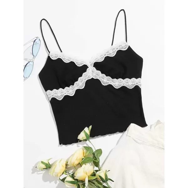 SweatyRocks Women's Lace Patchwork Spaghetti Strap Crop Cami Cute Ribbed Knit Slim Fit V Neck Camisole Tank Tops