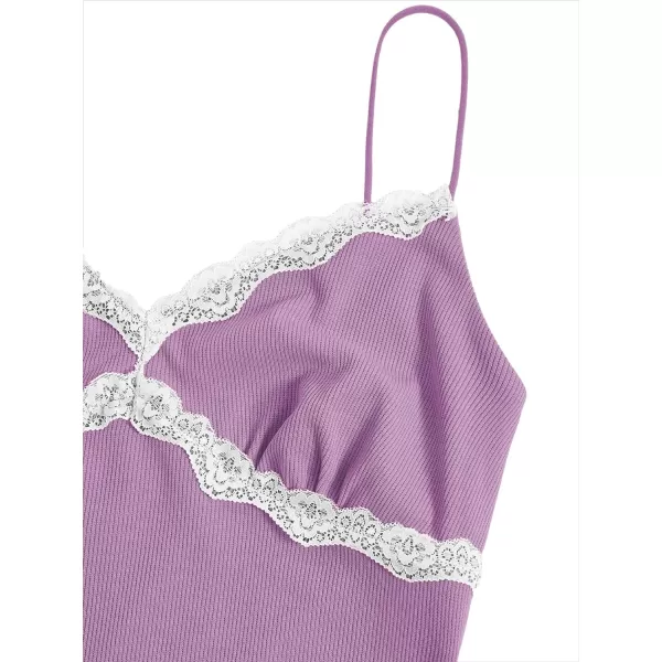 SweatyRocks Women's Lace Patchwork Spaghetti Strap Crop Cami Cute Ribbed Knit Slim Fit V Neck Camisole Tank Tops