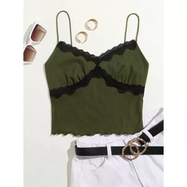 SweatyRocks Women's Lace Patchwork Spaghetti Strap Crop Cami Cute Ribbed Knit Slim Fit V Neck Camisole Tank Tops