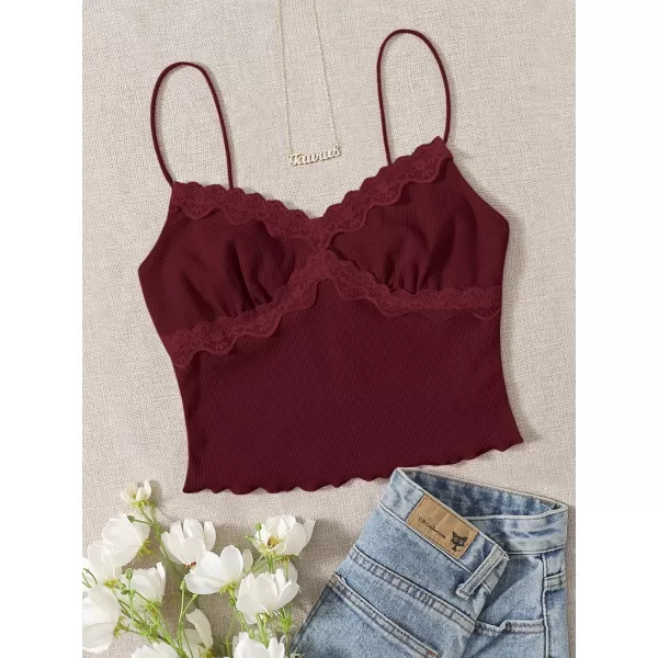 SweatyRocks Women's Lace Patchwork Spaghetti Strap Crop Cami Cute Ribbed Knit Slim Fit V Neck Camisole Tank Tops