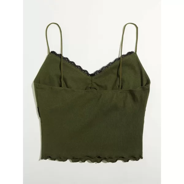 SweatyRocks Women's Lace Patchwork Spaghetti Strap Crop Cami Cute Ribbed Knit Slim Fit V Neck Camisole Tank Tops