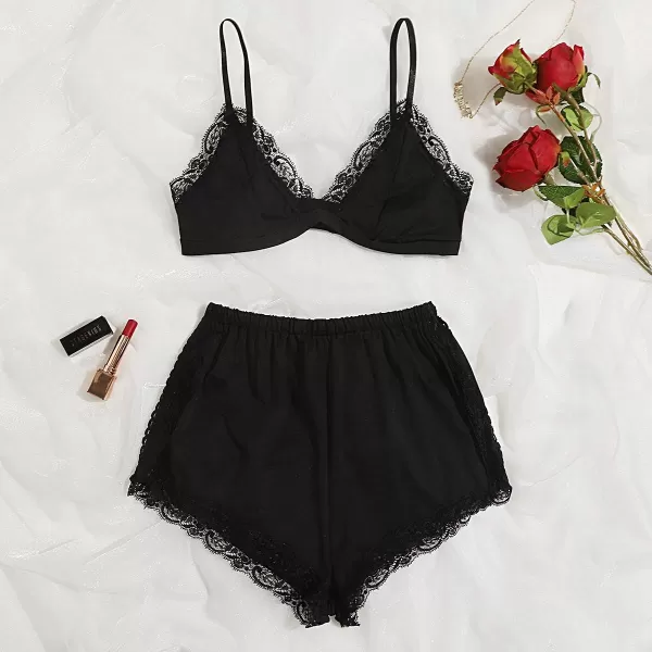 SweatyRocks Women's Lace Trim Underwear Lingerie Straps Bralette and Panty Set