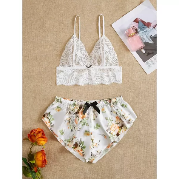 SweatyRocks Women's Lace Trim Underwear Lingerie Straps Bralette and Panty Set