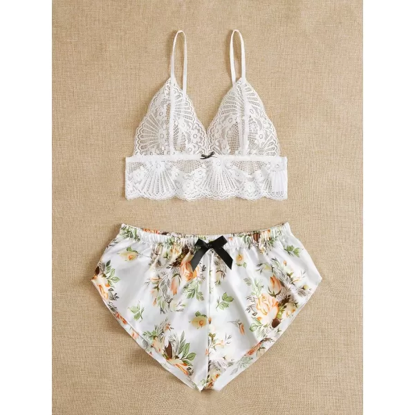 SweatyRocks Women's Lace Trim Underwear Lingerie Straps Bralette and Panty Set