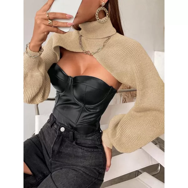 SweatyRocks Women's Lantern Sleeve Turtleneck High Neck Pullover Sweater Super Crop Top