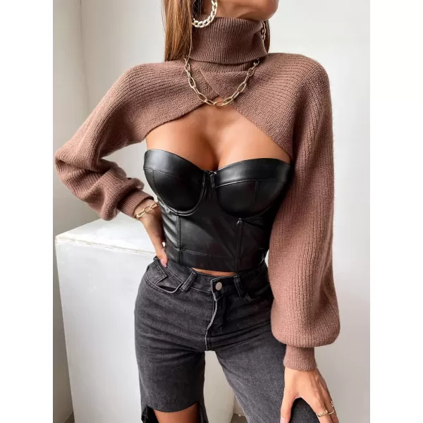 SweatyRocks Women's Lantern Sleeve Turtleneck High Neck Pullover Sweater Super Crop Top