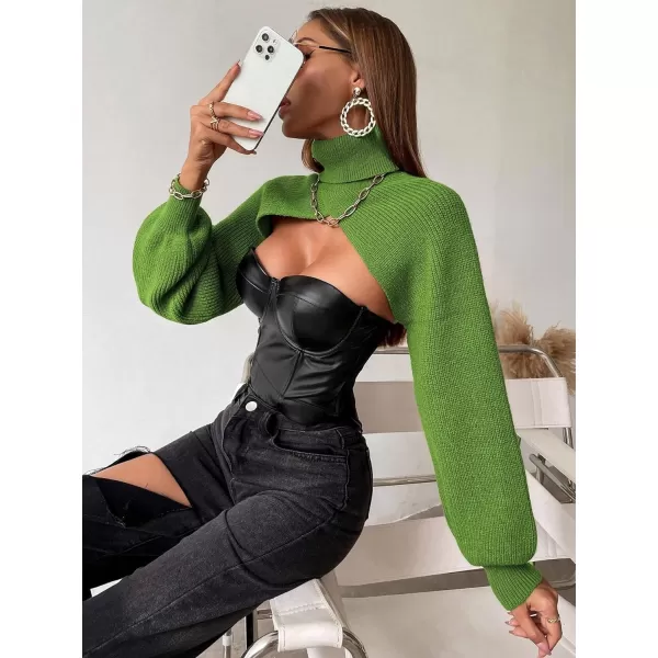 SweatyRocks Women's Lantern Sleeve Turtleneck High Neck Pullover Sweater Super Crop Top