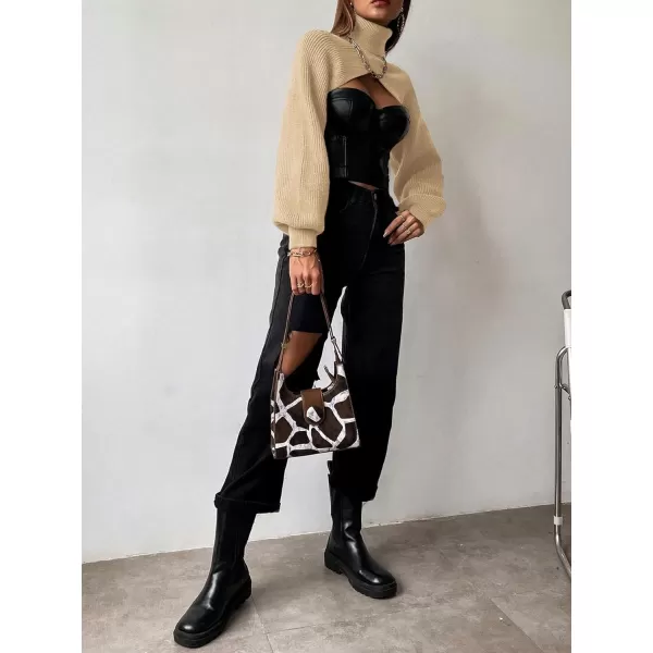 SweatyRocks Women's Lantern Sleeve Turtleneck High Neck Pullover Sweater Super Crop Top