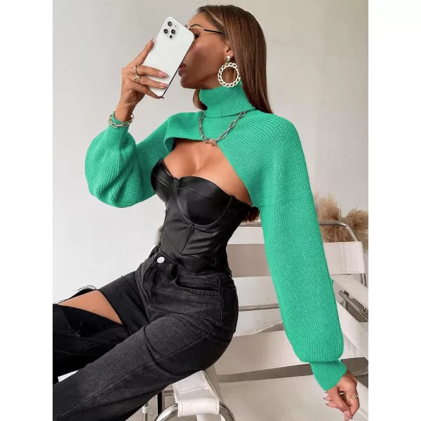 SweatyRocks Women's Lantern Sleeve Turtleneck High Neck Pullover Sweater Super Crop Top