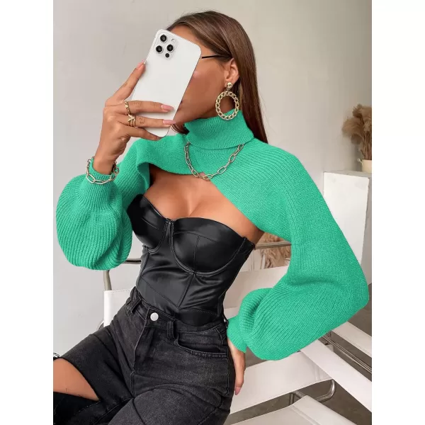 SweatyRocks Women's Lantern Sleeve Turtleneck High Neck Pullover Sweater Super Crop Top