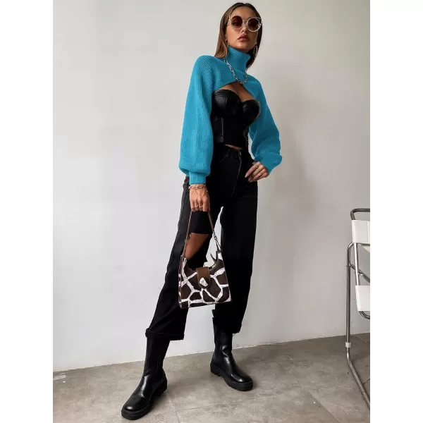 SweatyRocks Women's Lantern Sleeve Turtleneck High Neck Pullover Sweater Super Crop Top