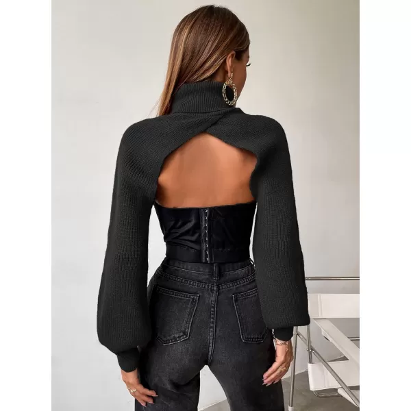 SweatyRocks Women's Lantern Sleeve Turtleneck High Neck Pullover Sweater Super Crop Top