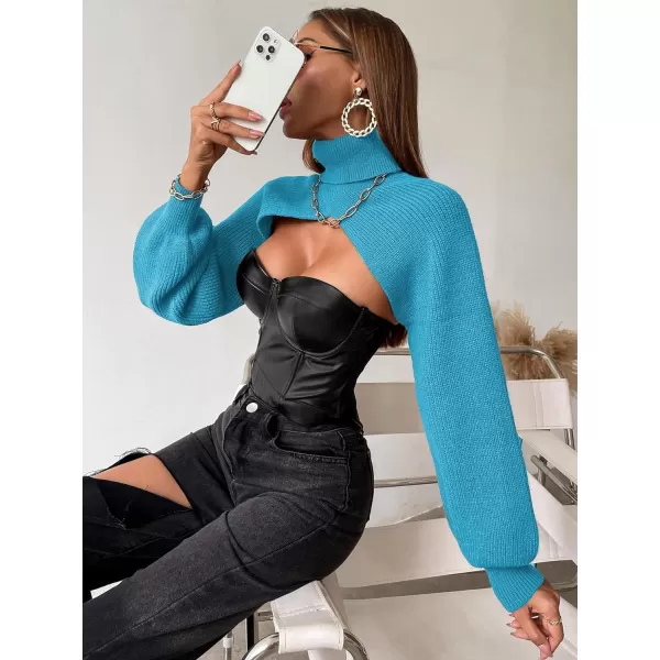 SweatyRocks Women's Lantern Sleeve Turtleneck High Neck Pullover Sweater Super Crop Top